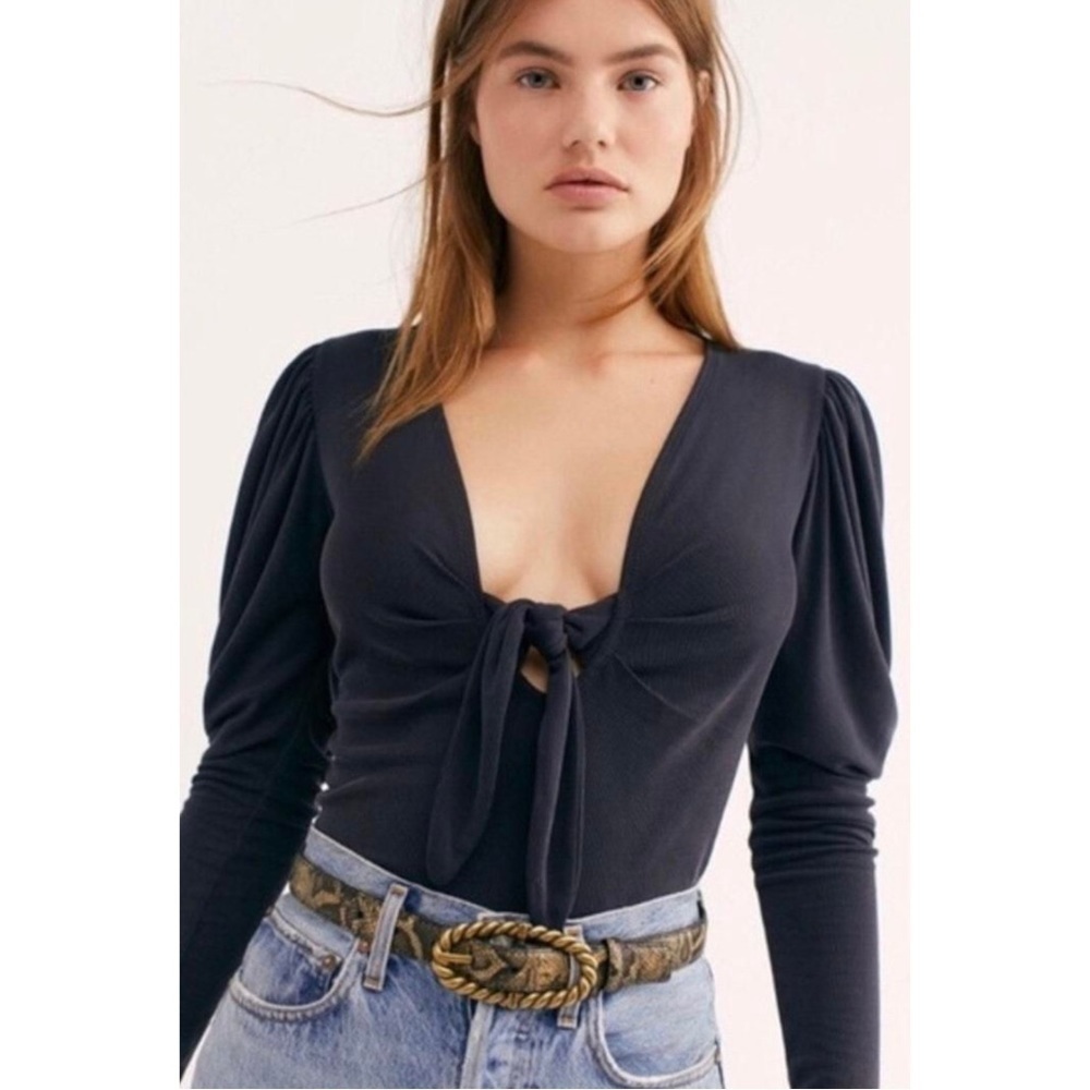 Free People Tie The Knot Top Ribbed Puffed Long Sleeves Black Size Xs New